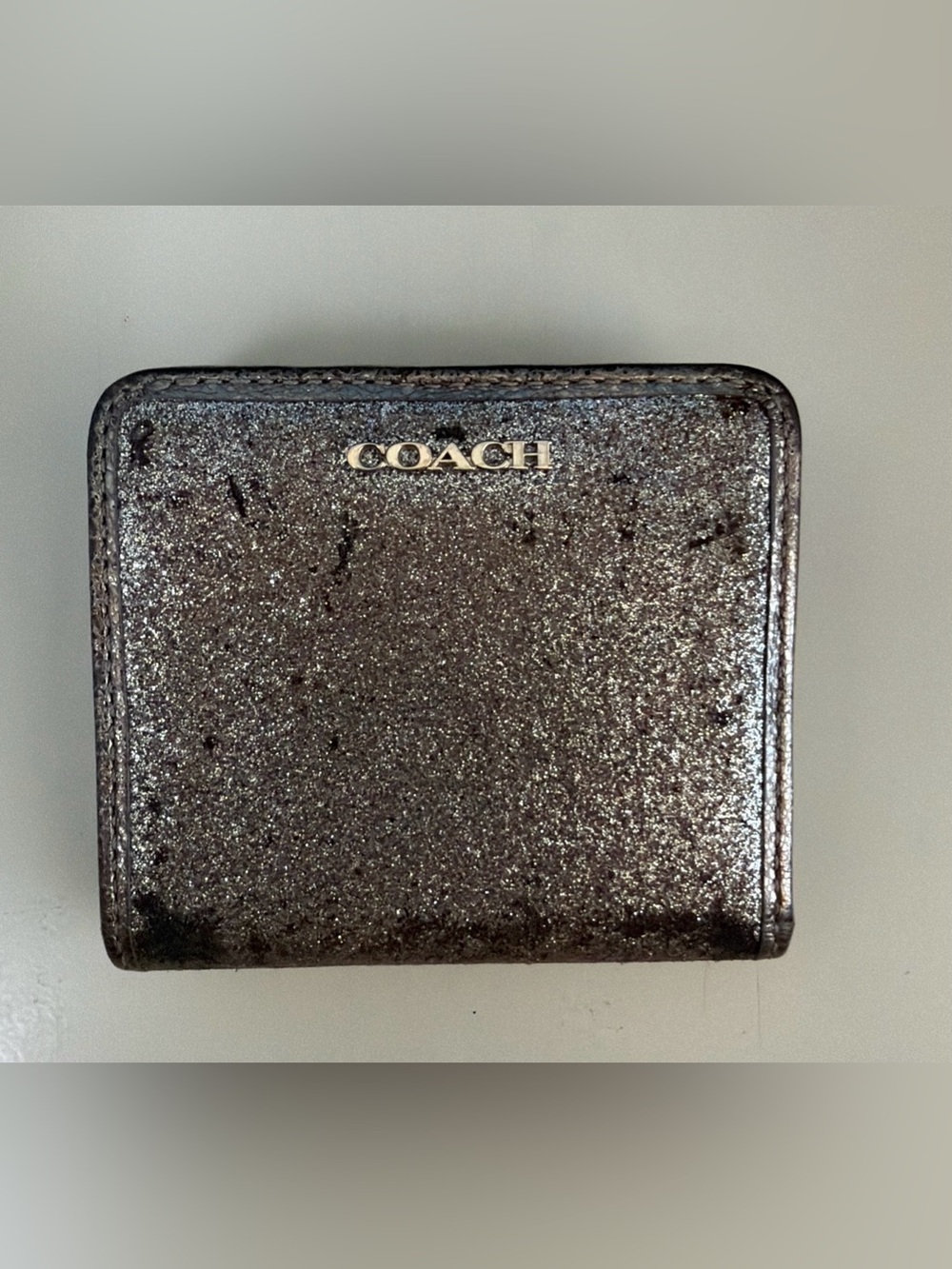 Coach Women's Silver Glitter Bifold Wallet w/ ID Window & Zip Coin Pocket